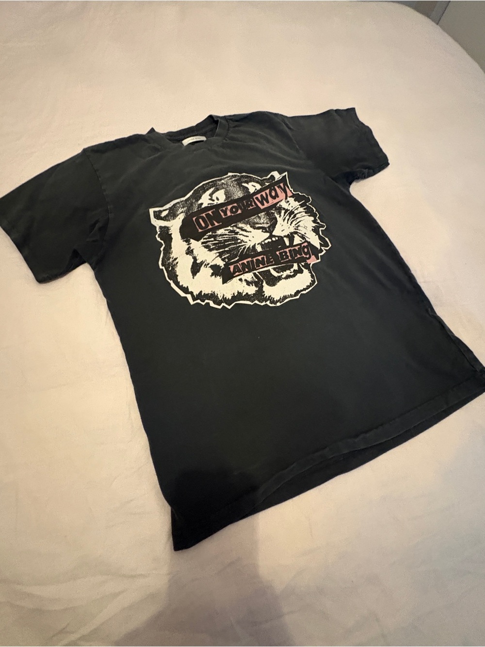 Anine Bing Faded Black Graphic Tiger Cotton Tee with Pink Accents S